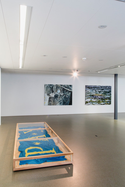 CHRISTIAN KATHRINER: PAX, 2003, Fahne.
Im Hintergrund: JOSEF FELIX MÜLLER: QUELLE I, 2004, QUELLE VIII, 2005, Öl auf Leinwand. und...
Foto F.X.Brun